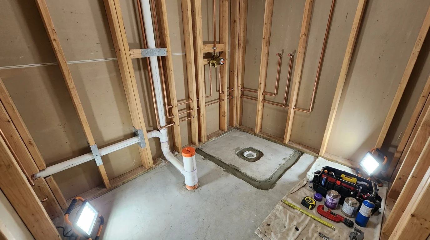 Bathroom rough-in plumbing during remodel by Johns Plumbing LLC in Golden