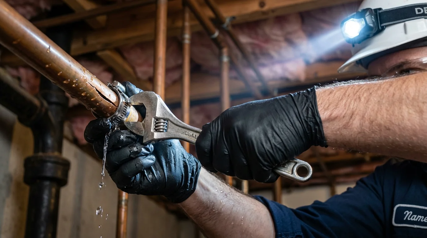 Emergency pipe clamp repair being performed by a Johns Plumbing LLC plumber in Golden